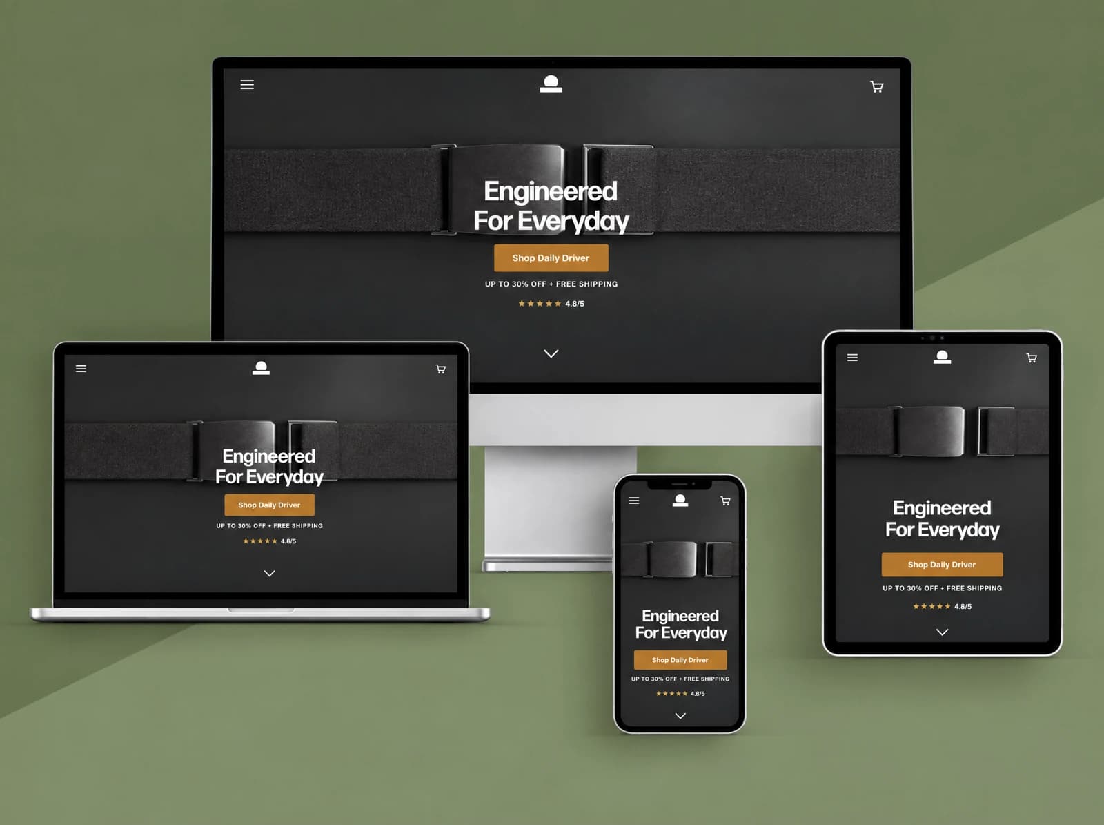 Daily Belts storefront mockup on desktop, laptop, tablet, and mobile