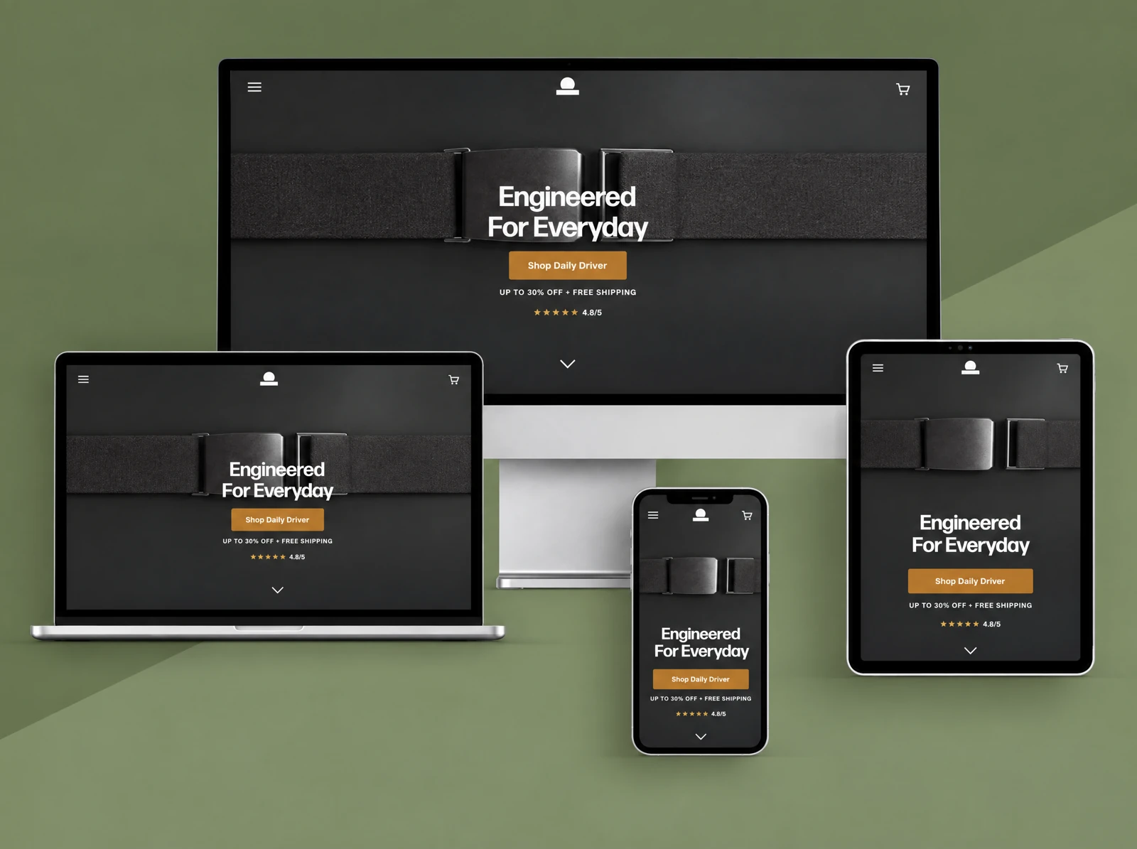 Daily Belts storefront mockup on desktop, laptop, tablet, and mobile