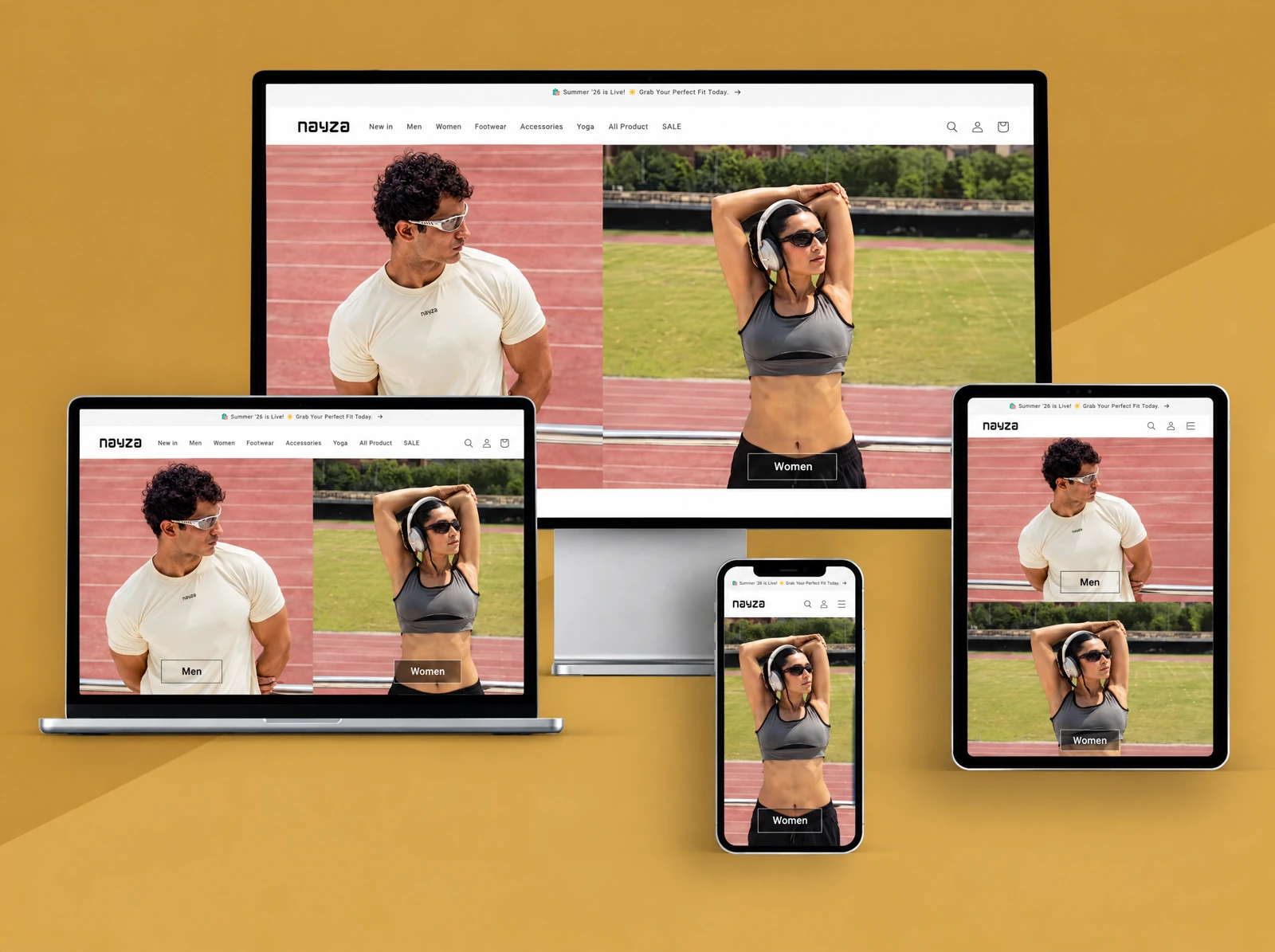 Nayza storefront mockup on desktop, laptop, tablet, and mobile
